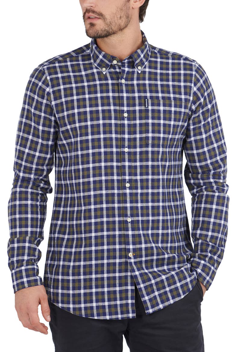 Check Linen & Cotton Button-Down Shirt, Main, color, INKY BLUE