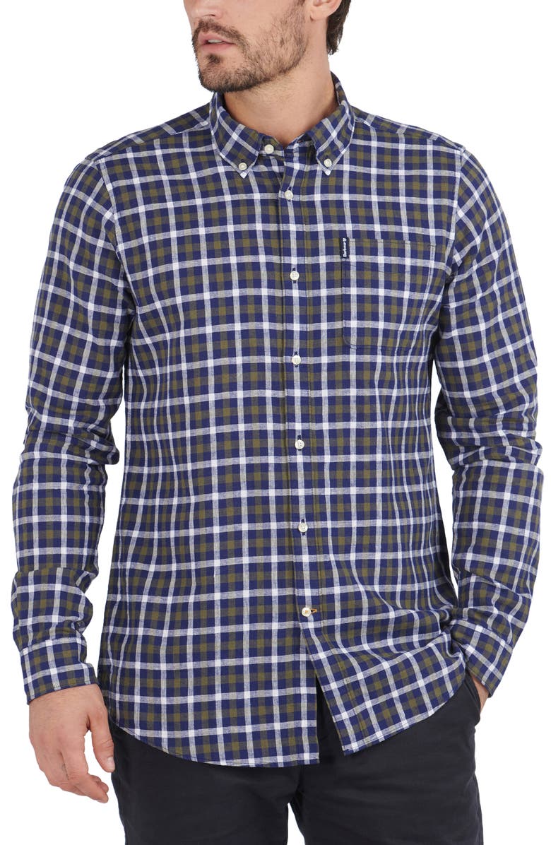 Barbour Check Linen & Cotton Button-Down Shirt, Main, color,