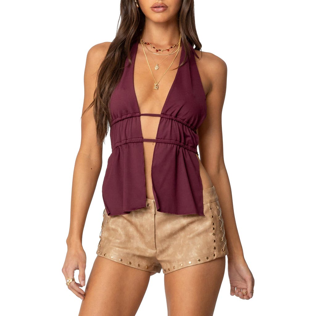 Edikted Nikole Split Front Backless Halter Top In Burgundy