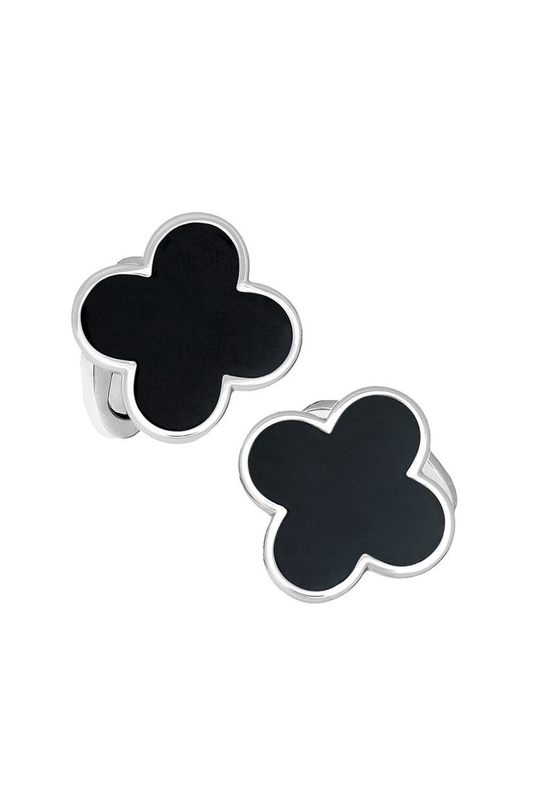 Four Leaf Clover Sterling Silver Cufflinks, Main, color, BLACK