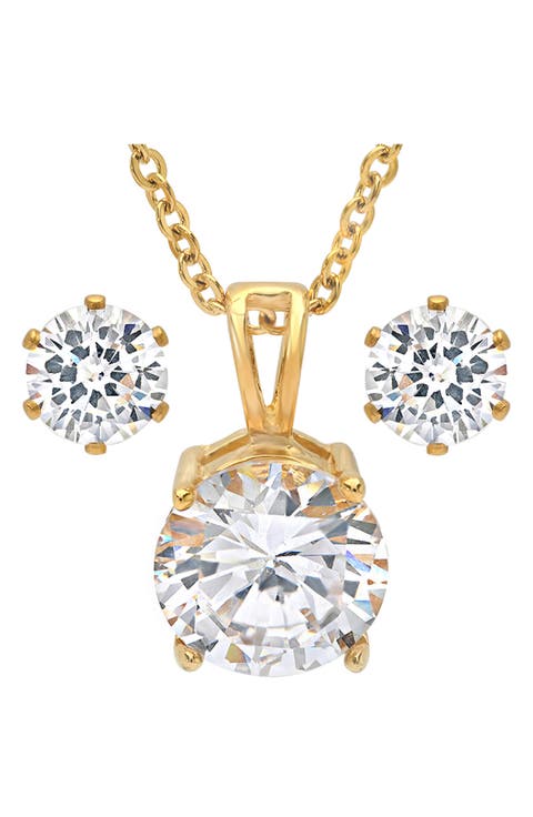 18k Gold Plated Simulated Diamond Pendant Necklace & Stud Earrings Set