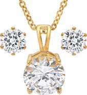 STEELTIME 18k Gold Plated Simulated Diamond Pendant Necklace & Stud Earrings Set