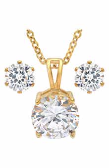 18k Gold Plated Simulated Diamond Pendant Necklace & Stud Earrings Set