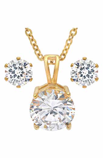 18k Gold Plated Simulated Diamond Pendant Necklace & Stud Earrings Set