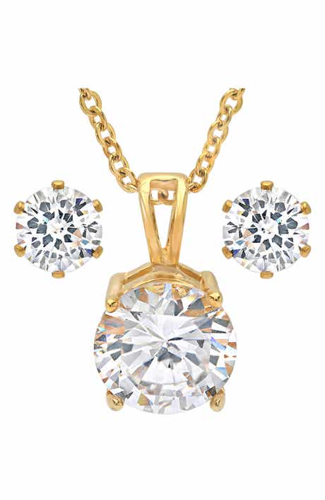 18k Gold Plated Simulated Diamond Pendant Necklace & Stud Earrings Set
