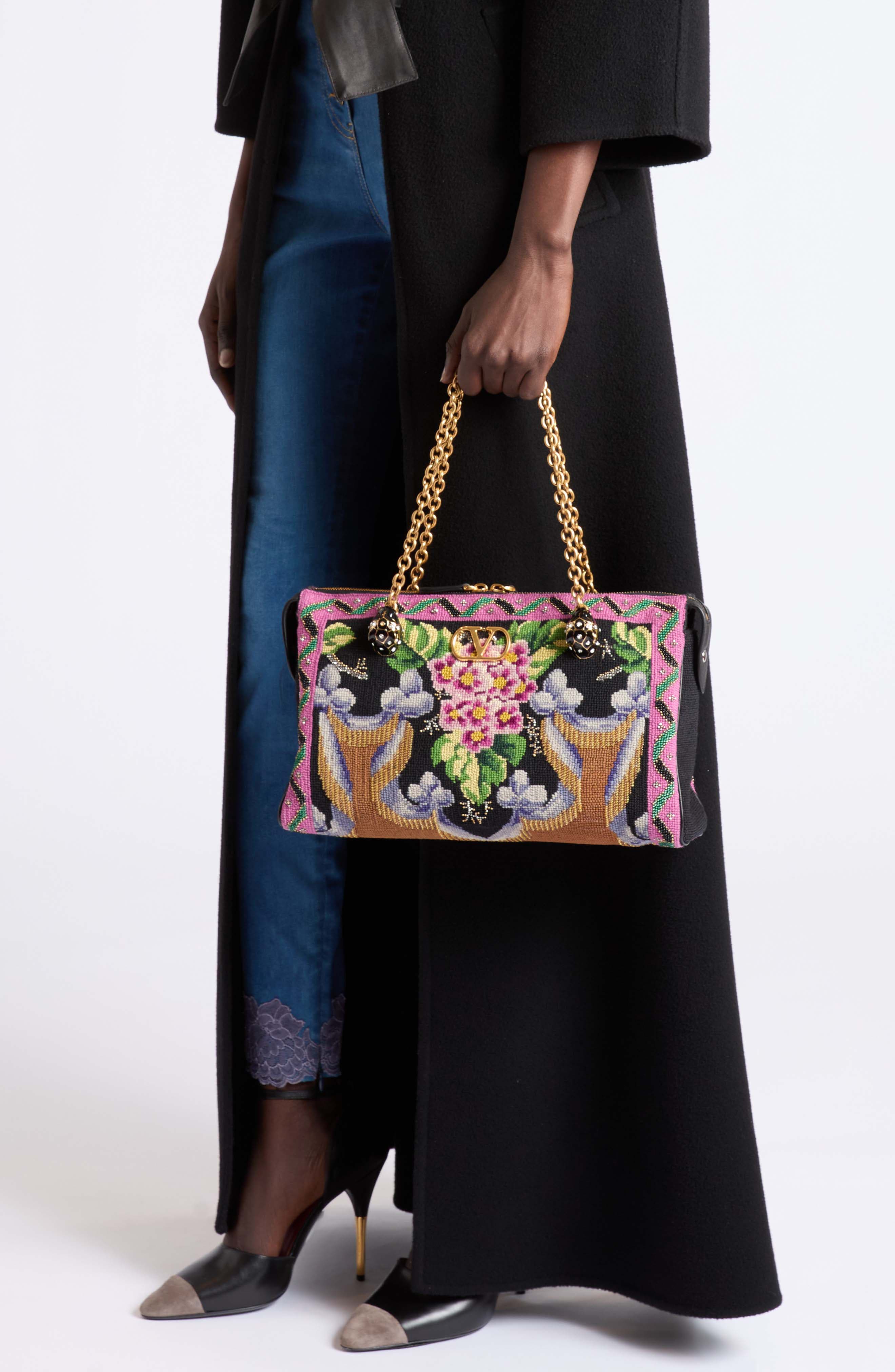 Panthea Medium Embroidered Silk & Leather Shoulder Bag, Alternate, color, BLACK MULTI