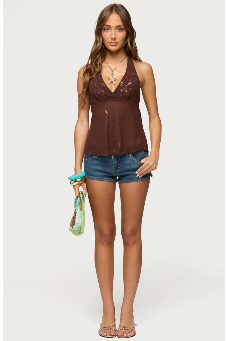 Beaded Sequin Halter Chiffon Top, Alternate, color, BROWN