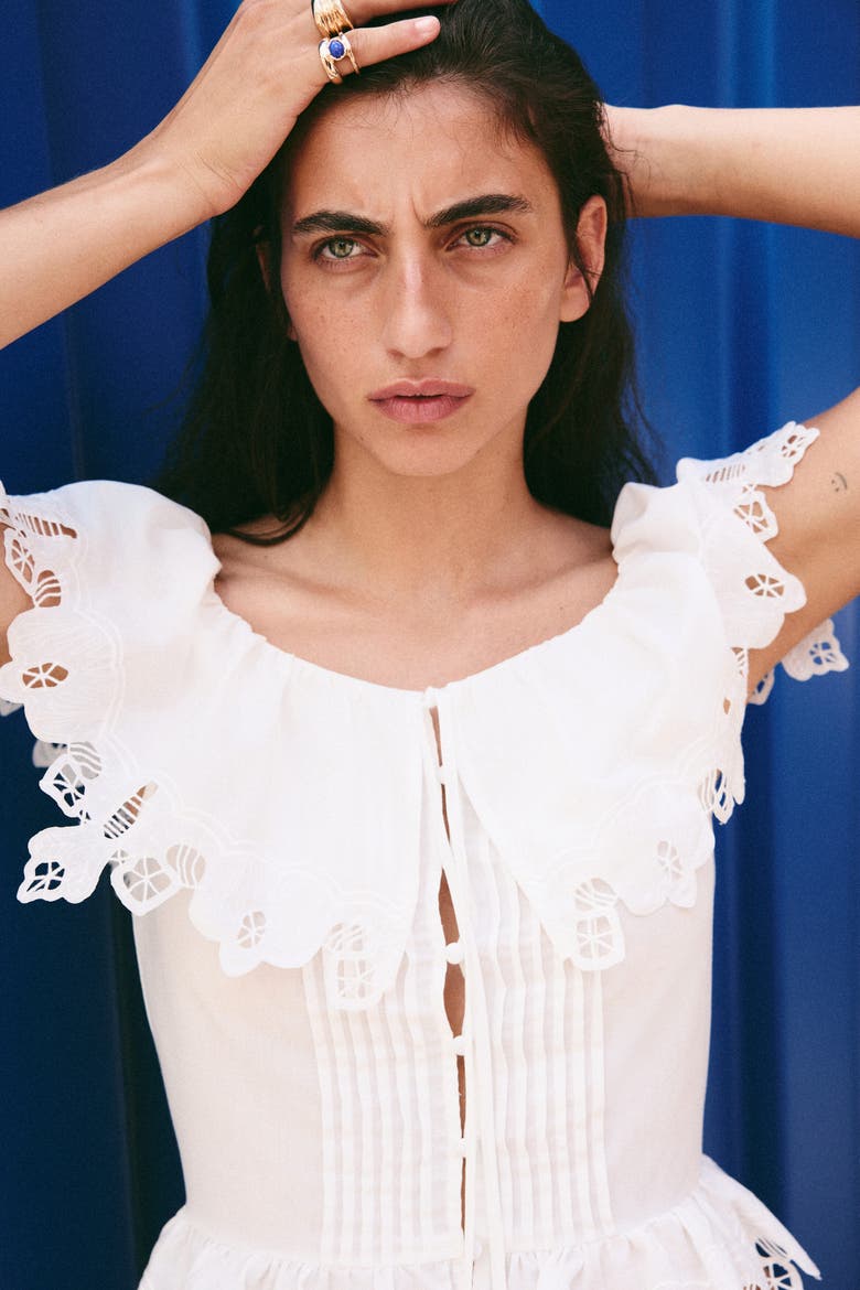Flounced Eyelet-embroidered Blouse, Main, color, White