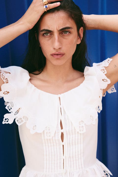 Flounced Eyelet-embroidered Blouse