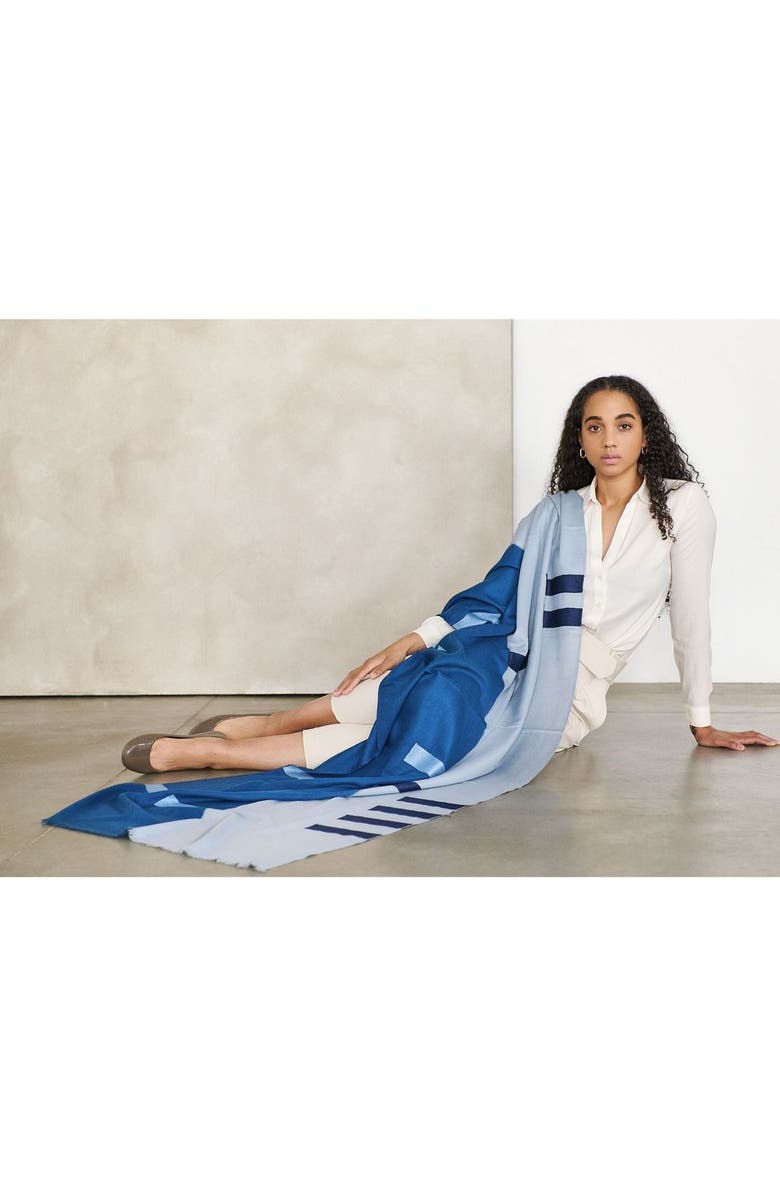 Studio Variously Harbor Blue Silk Merino Hand Woven Hand Embroidered Modern Artisanal Scarf, Alternate, color, Blue