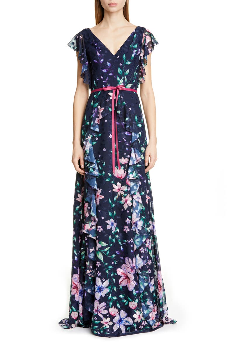 Floral Jacquard Chiffon Gown, Main, color, NAVY