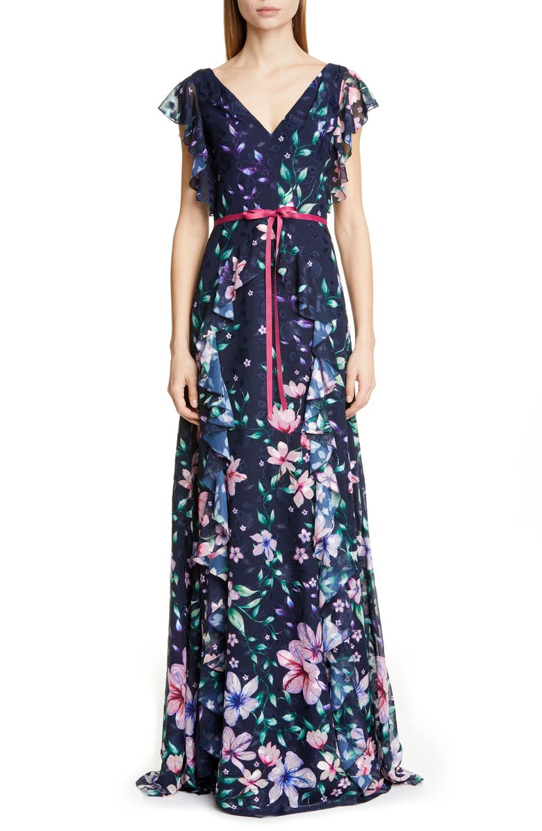 Marchesa Notte Floral Jacquard Chiffon Gown, Main, color,