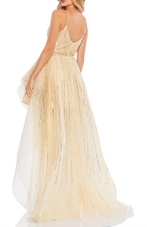 Mac Duggal Embellished Sleeveless Draped A Line Gown In Gold Silver