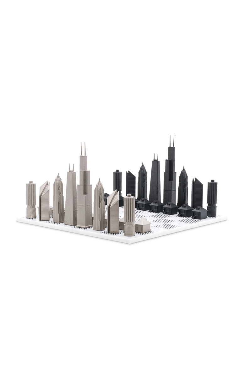 SKYLINE CHESS Chess Set Stainless Steel Chicago Edition with Marble Hatch Board, Main, color, White