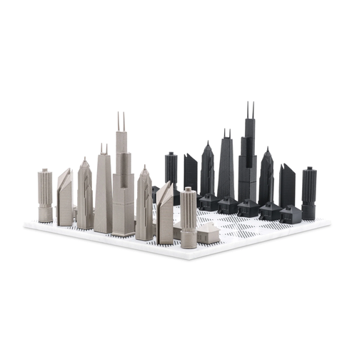 SKYLINE CHESS Chess Set Stainless Steel Chicago Edition with Marble Hatch Board in White  product