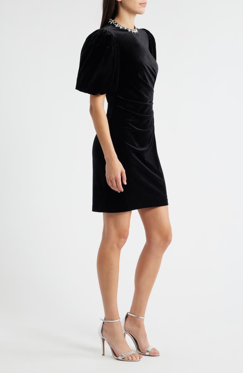 Eliza J Jeweled Neck Velvet Dress, Alternate, color, Black