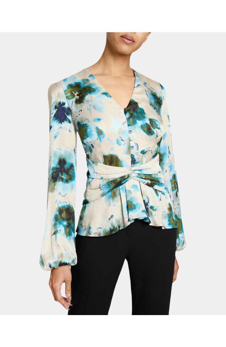 Santorelli RUBY Long Sleeve Blouse with Cinched Waist in Abstract Floral Print, Main, color, Aquamarine Multi