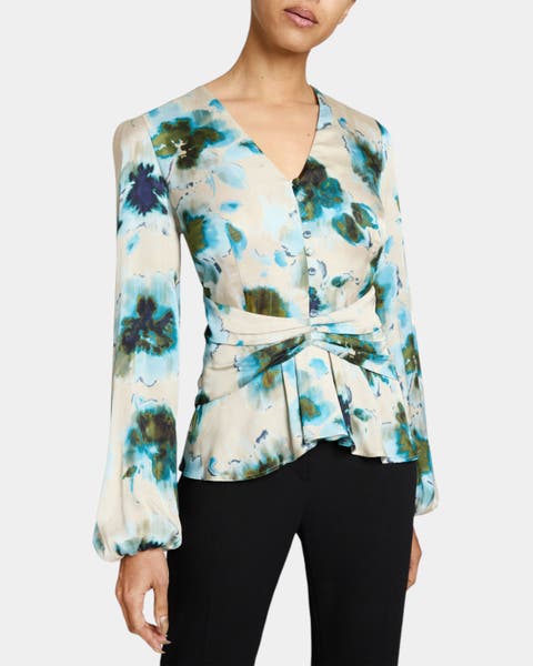 RUBY Long Sleeve Blouse with Cinched Waist in Abstract Floral Print