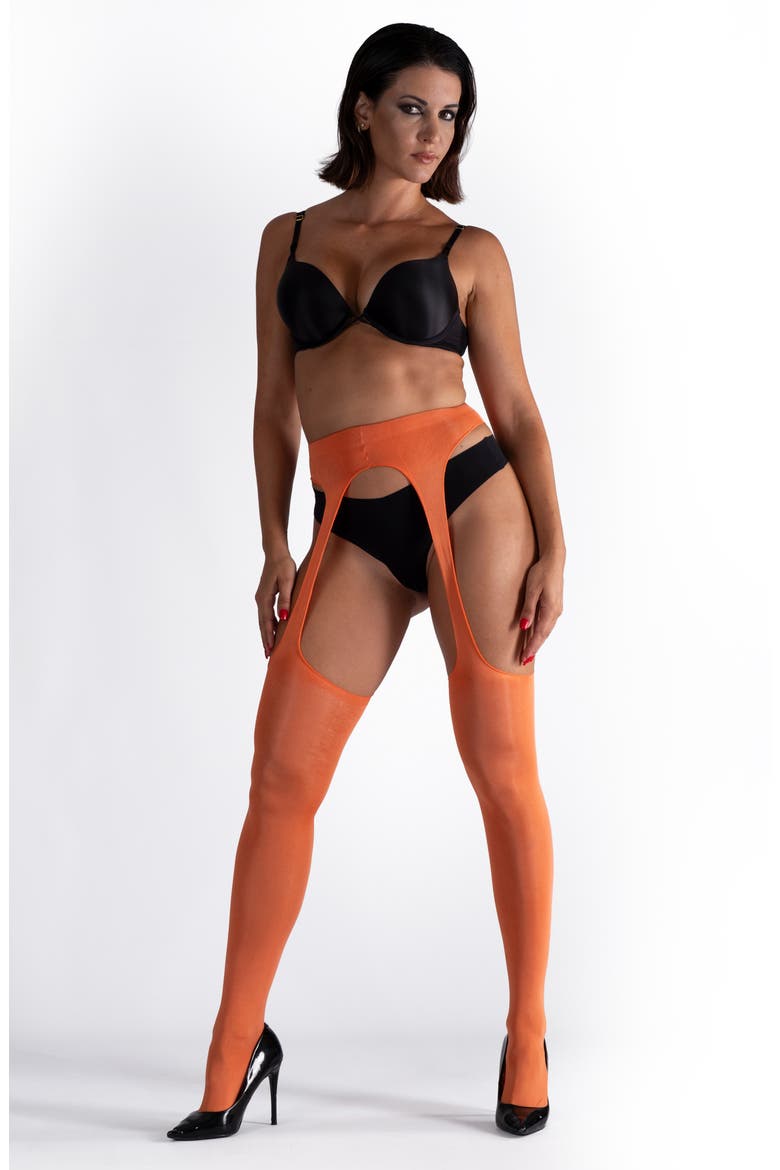 Lustrous Silky Shiny Sheer Suspender Crotchless Tights, Alternate, color, ORANGE