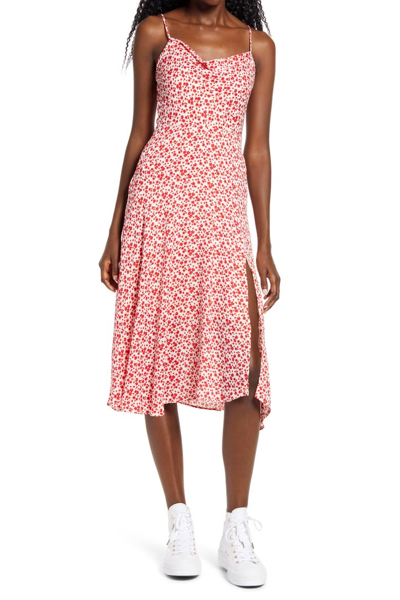 Floral Cowl Neck Asymmetrical Dress, Main, color, RED WHITE DITSY