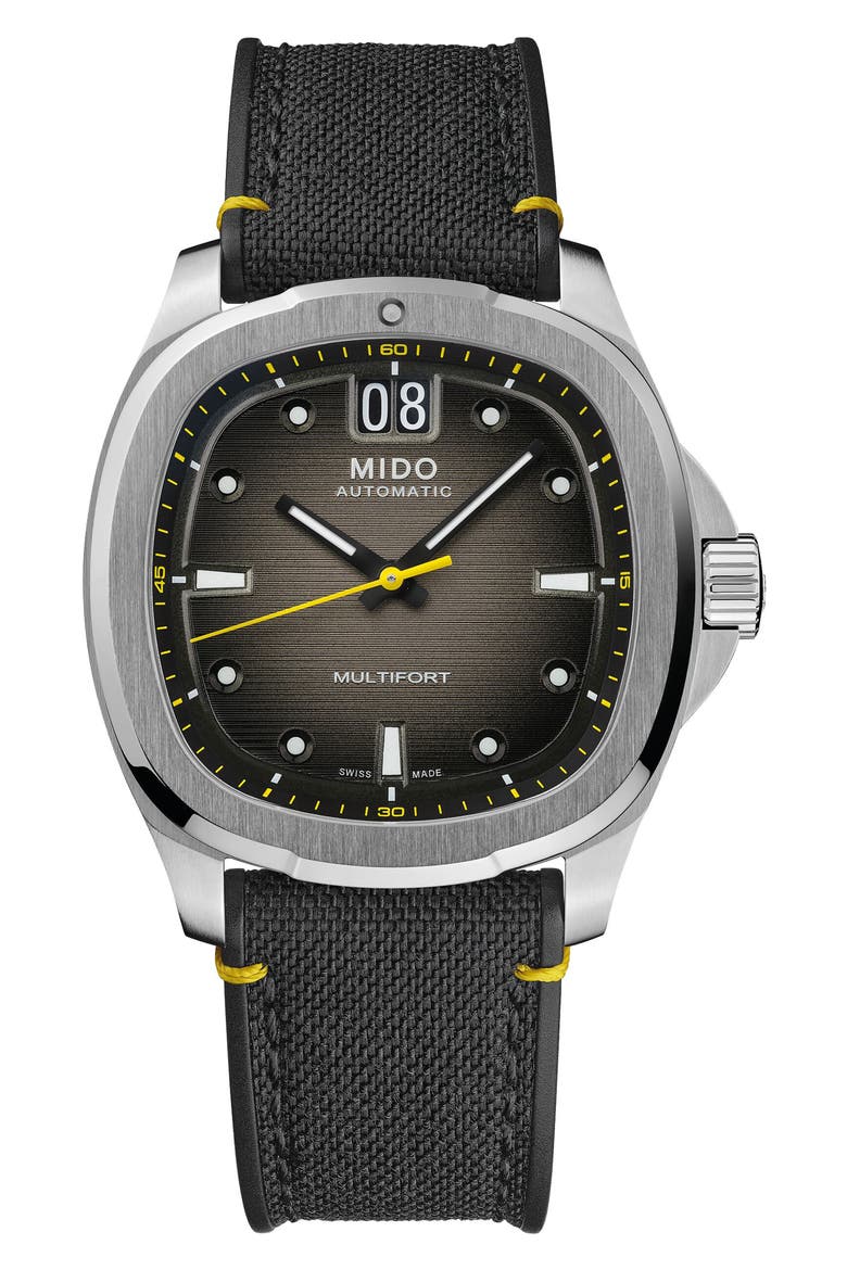 Multifort TV Big Date Automatic Webbing Strap Watch, 39.2mm x 40mm, Main, color, GREY