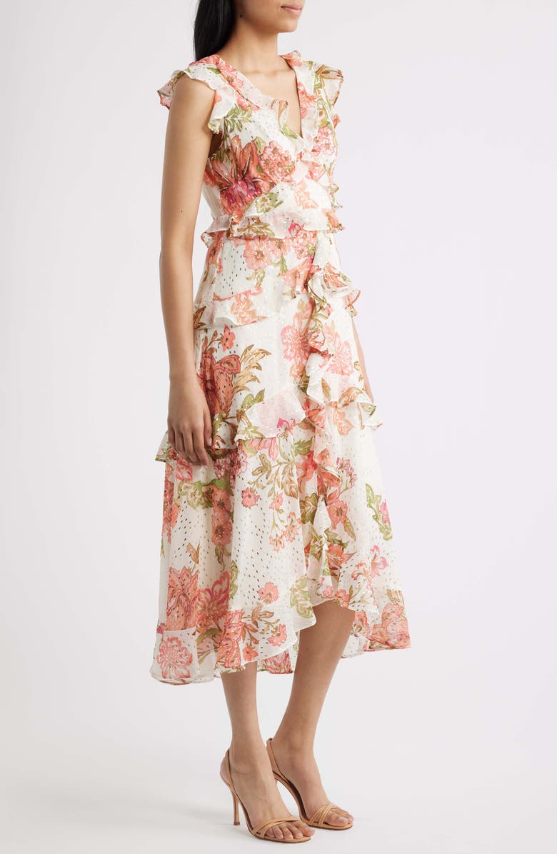 CeCe Floral Metallic Detail Cascade Ruffle Dress, Alternate, color, Egret