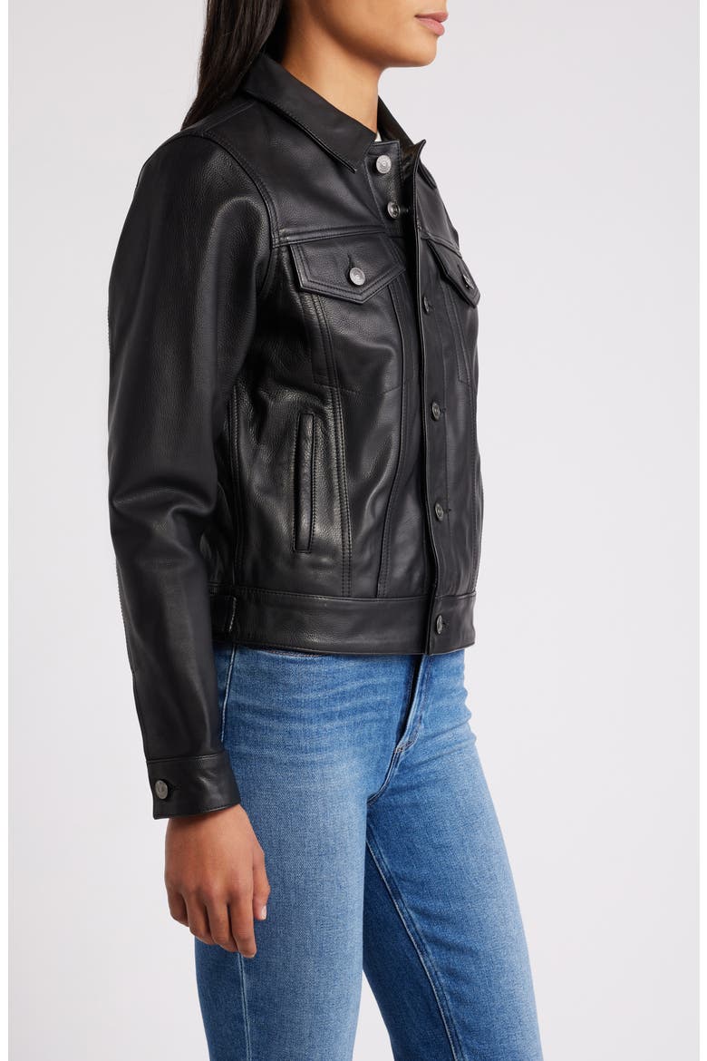 Leather Trucker Jacket, Alternate, color, BLACK
