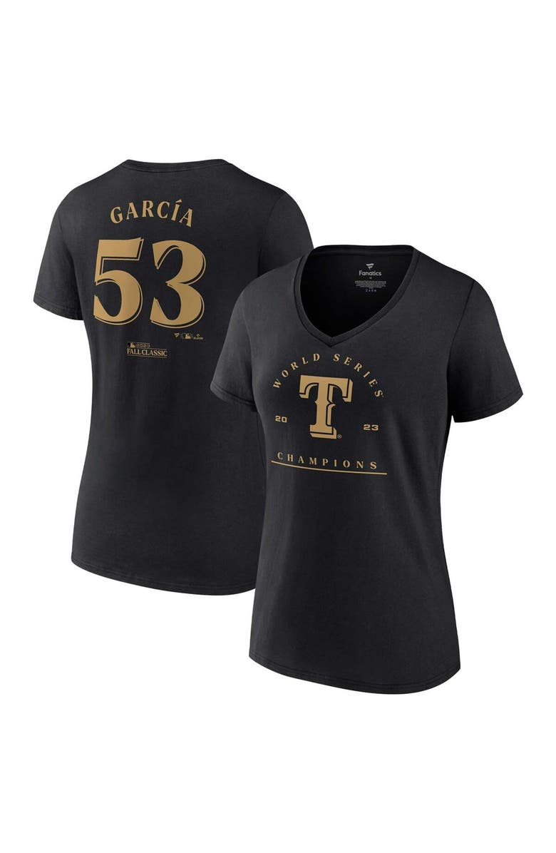 FANATICS Women's Fanatics Branded Adolis Garcia Black Texas Rangers 2023 World Series Champions Plus Size Name & Number V-Neck T-Shirt, Main, color, 
