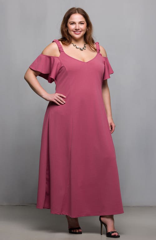 24seven Comfort Apparel Plus Size Cold Shoulder Ruffle Sleeve A-line Maxi Dress In Pink