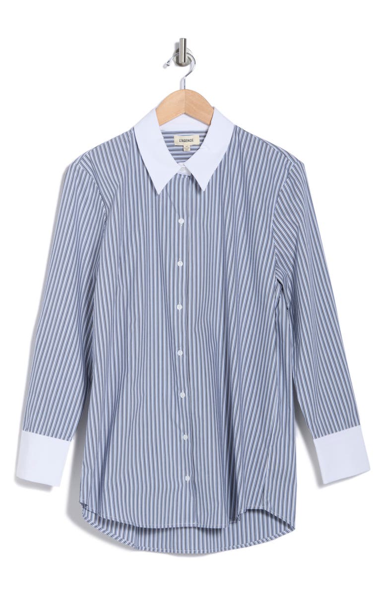 L'AGENCE Malia Stripe Contrast Collar Button-Up Tunic Shirt, Alternate, color, 