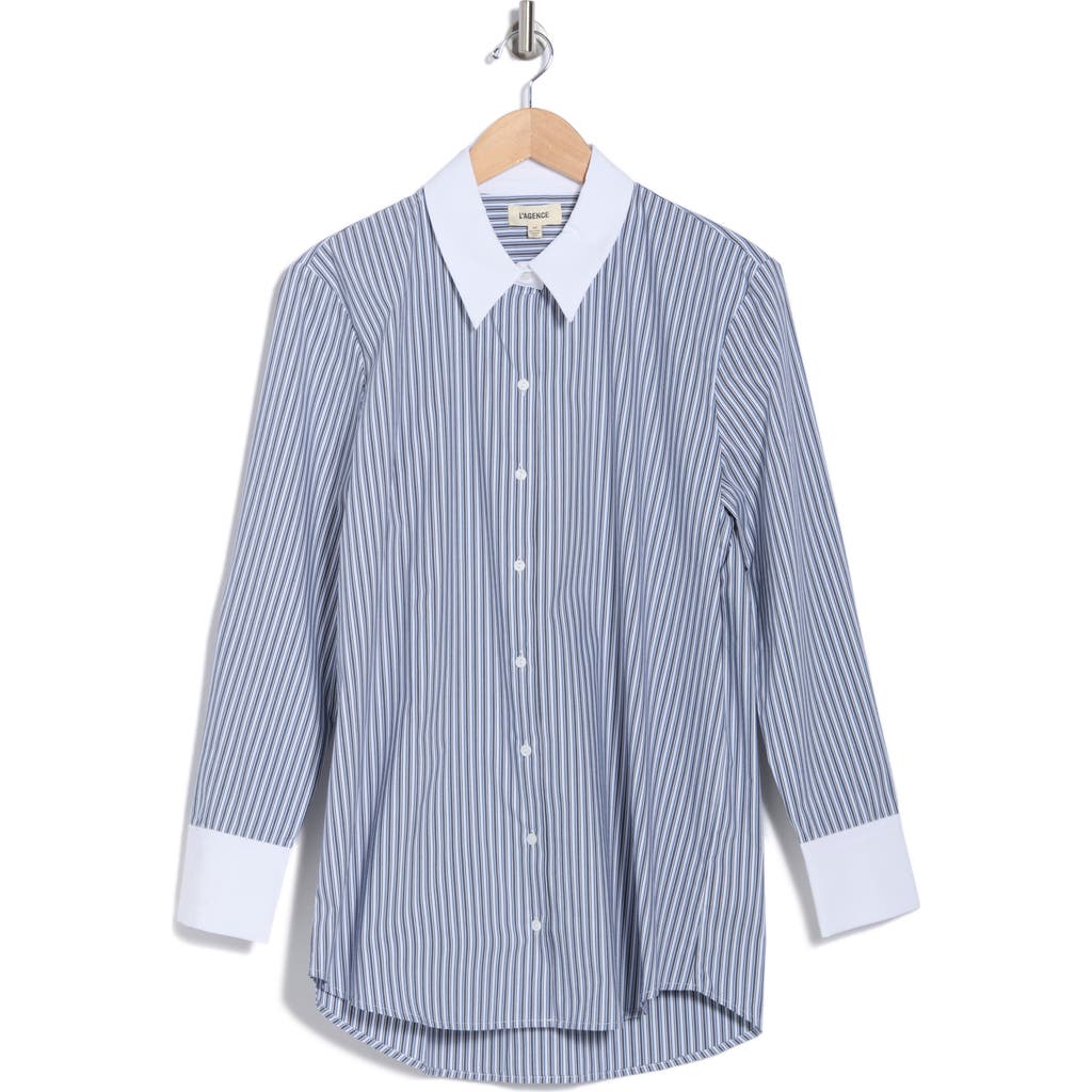 L AGENCE L'AGENCE MALIA STRIPE CONTRAST COLLAR BUTTON-UP TUNIC SHIRT