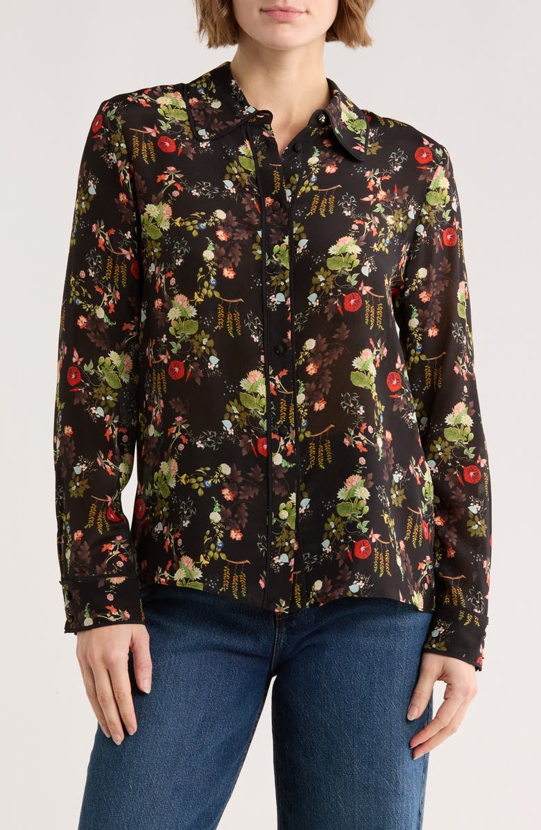 Alice + Olivia Willa Floral Print Silk Blouse, Main, color, Blush Kiss Black