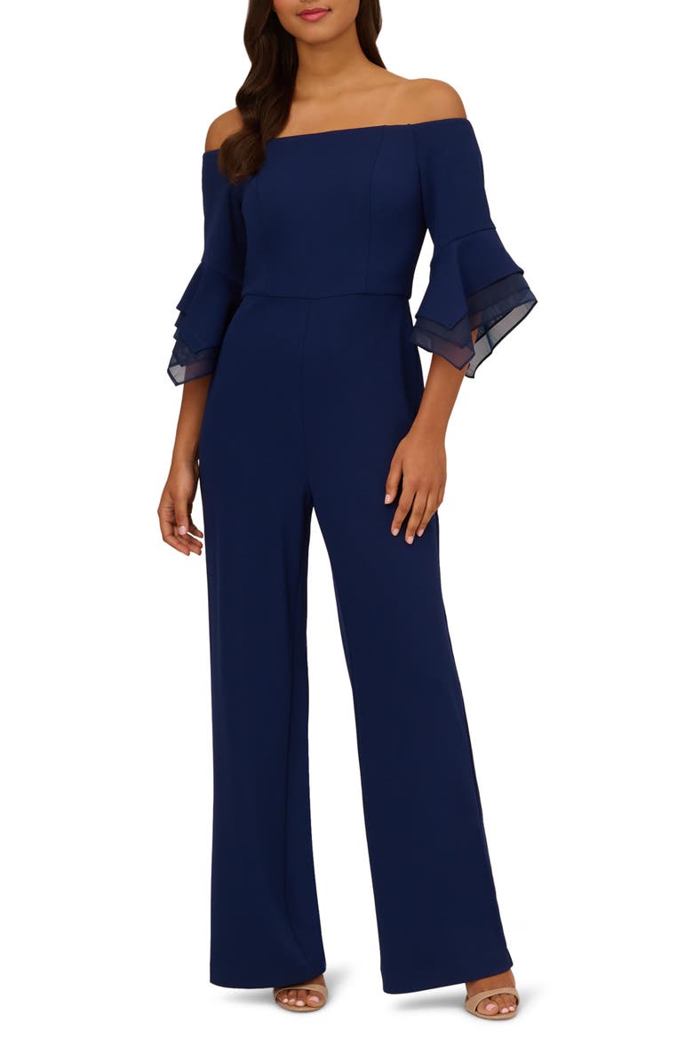 Adrianna Papell Off the Shoulder Organza Crepe Jumpsuit, Main, color,
