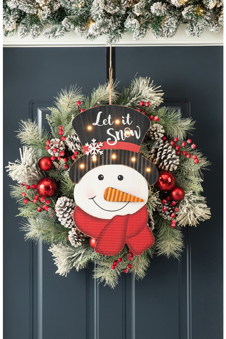 19"H Lighted 3D Wooden Metal Snowman Wall Decor, Alternate, color, Red