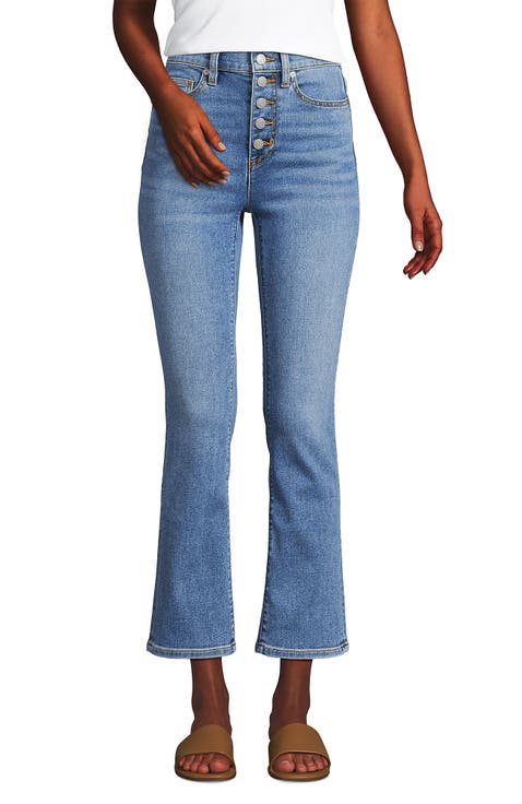High Rise Denim Button Front Kick Flare Crop Jeans