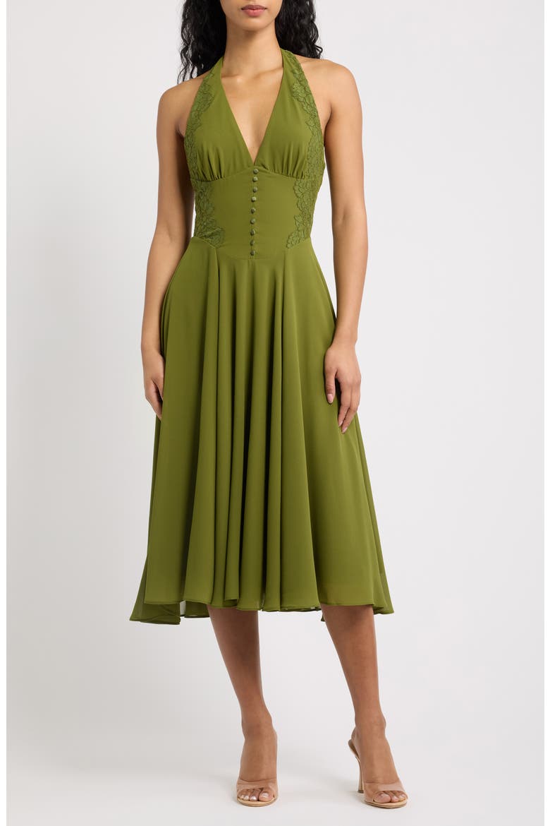 Coco Olive Georgette Lace Fit & Flare Midi Dress, Main, color, OLIVE