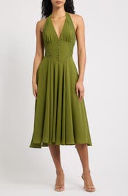 HOUSE OF CB Coco Olive Georgette Lace Fit & Flare Midi Dress