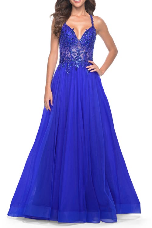 La Femme Tulle A-line Gown With Sheer And Beaded Lace Detail In Royal Blue