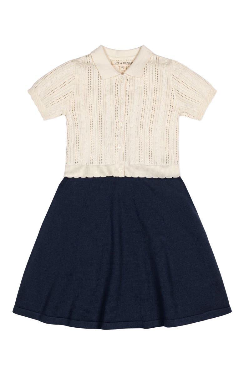 Hope & Henry Girls' Organic French Schoolgirl Sweater Dress, Toddler, Main, color, Ivory Cable Navy Colorblock