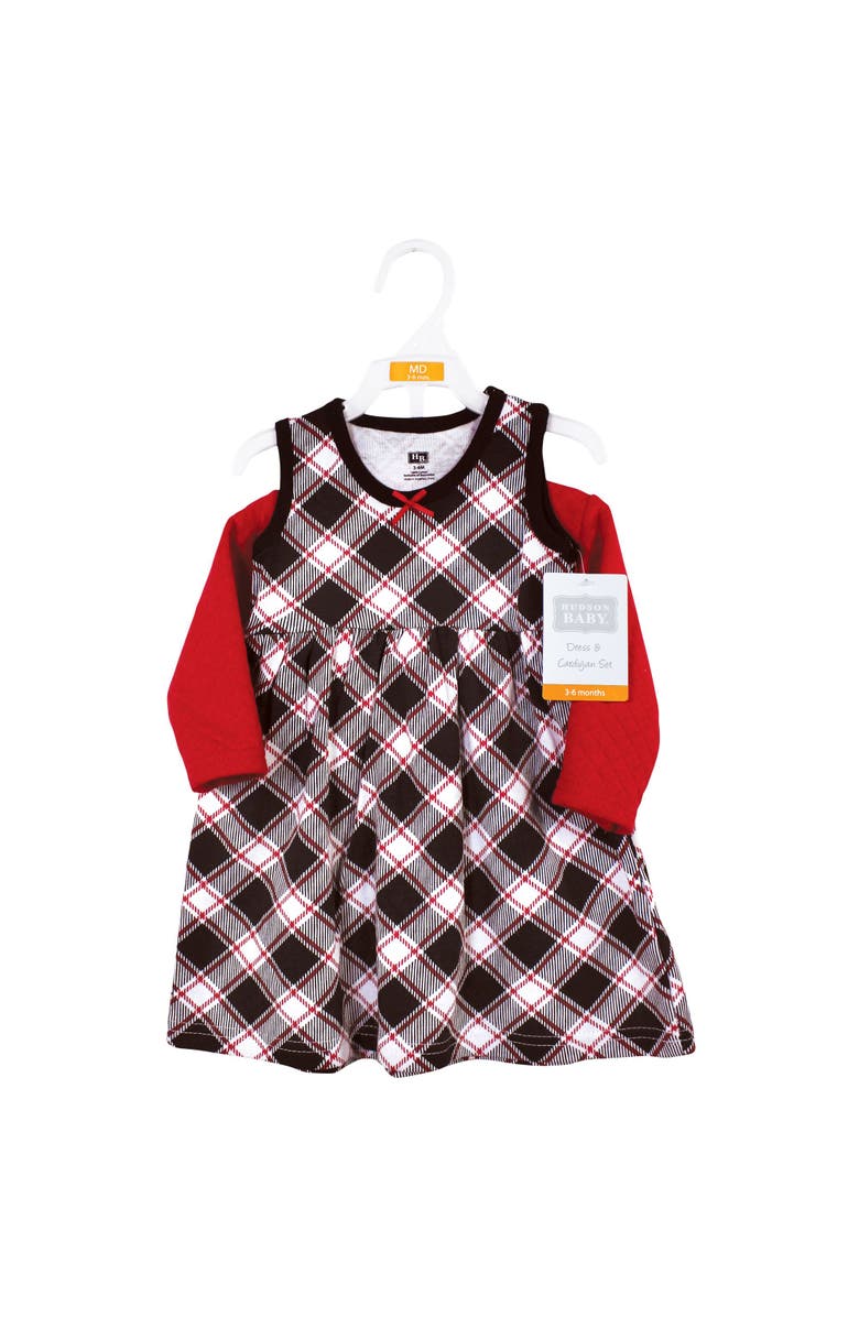 Hudson Baby Quilted Cardigan and Dress, Alternate, color, Black Red Plaid