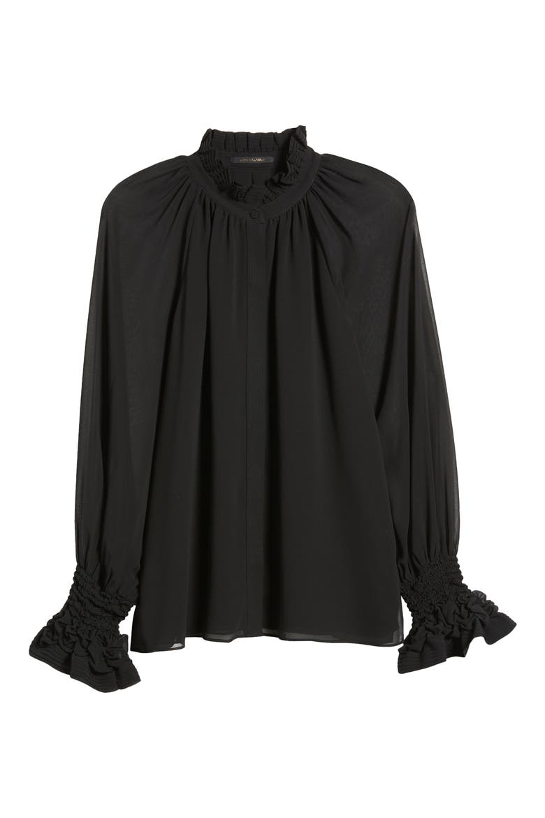 Effie Shirred Ruffle Neck Chiffon Top, Alternate, color, BLACK