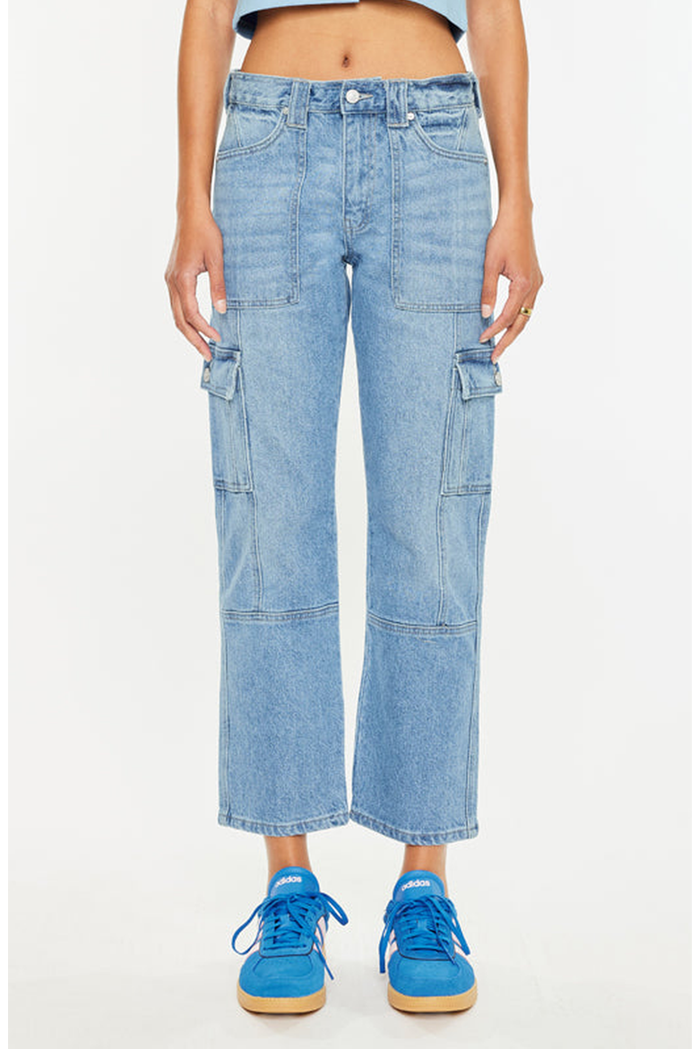 Aaliyah High Rise Slim Straight Leg Cargo Jeans, Main, color, Medium Wash