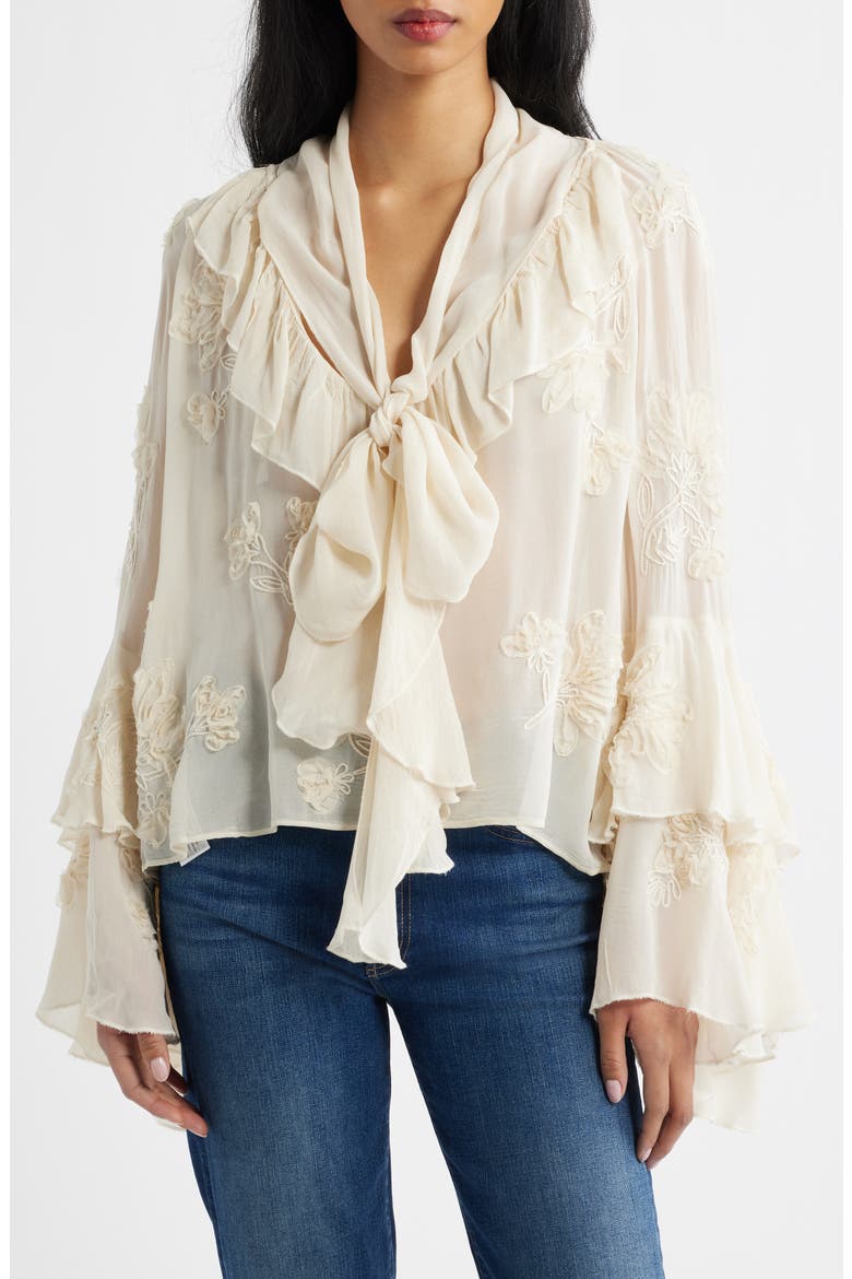 Blusa Gigi Floral Embroidered Tie Mock Neck Top, Main, color, ECRU