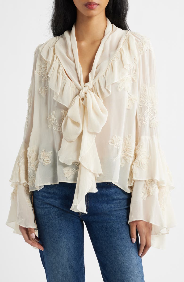 MANGO Blusa Gigi Floral Embroidered Tie Mock Neck Top, Main, color, Ecru