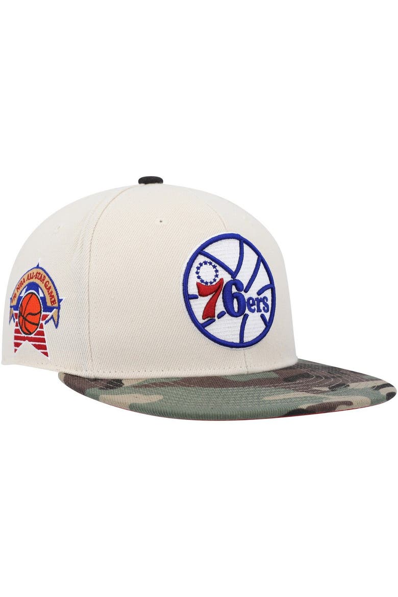 Men's Mitchell & Ness Cream/Camo Philadelphia 76ers Hardwood Classics 1976 NBA All-Star Game Off White Camo Fitted Hat, Main, color, Camo