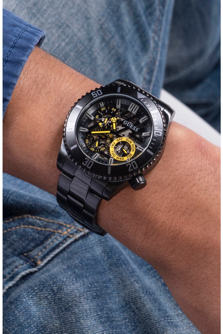 Multifunction Skeleton Bracelet Watch, 45mm, Alternate, color, BLACK/BLACK/BLACK