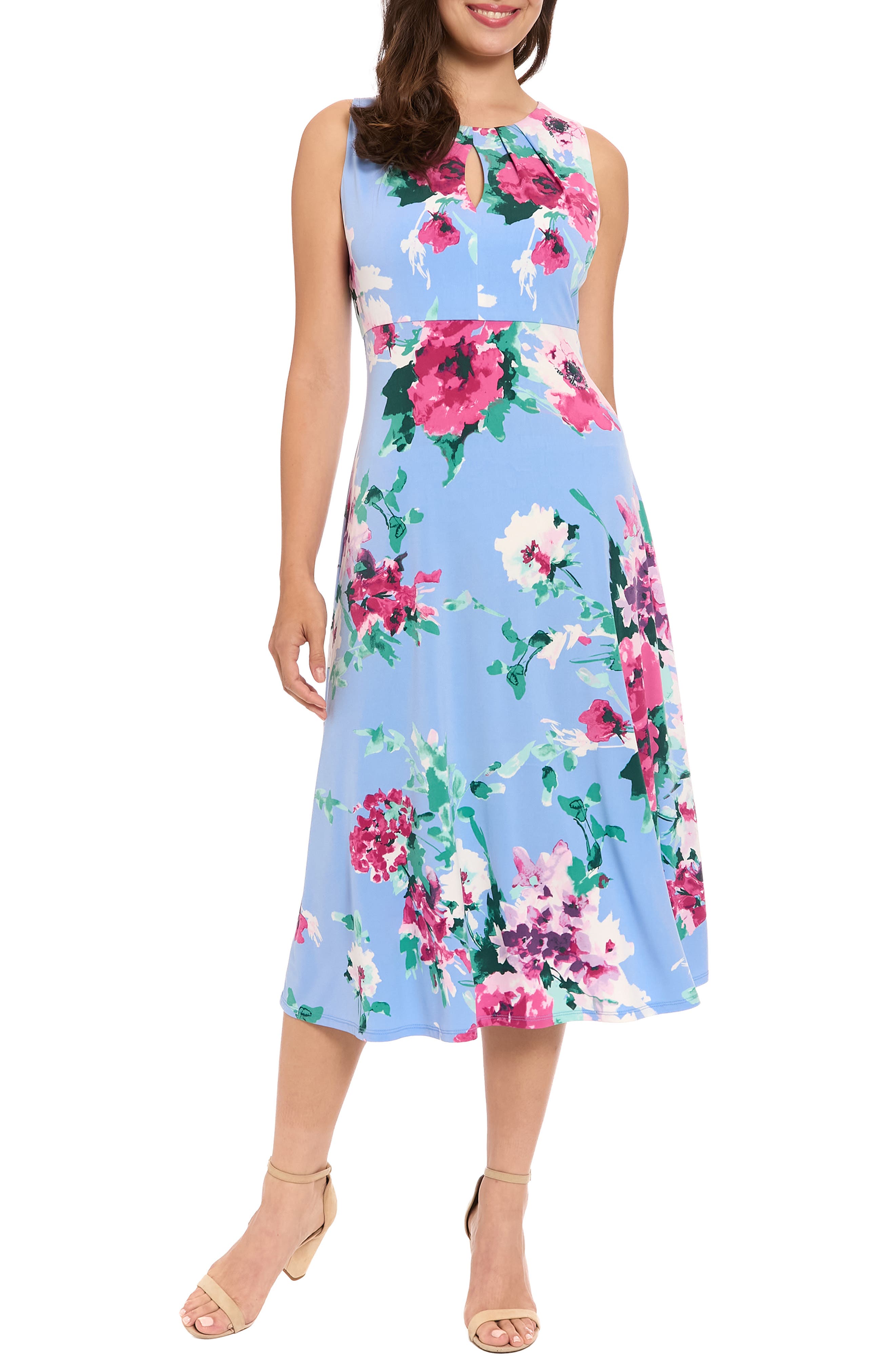 London Times Floral Keyhole A-Line Midi Dress