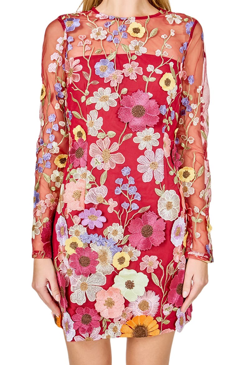 Floral Embroidered Long Sleeve Minidress, Alternate, color, MERLOT