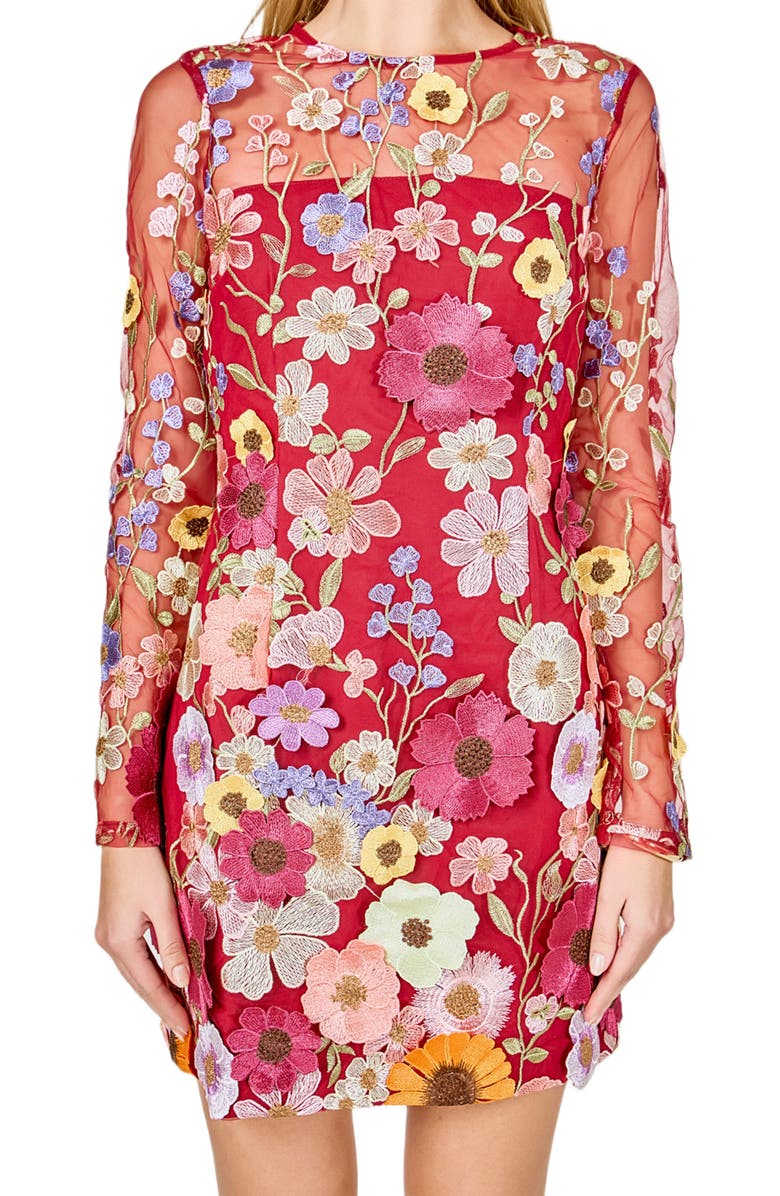 Endless Rose Floral Embroidered Long Sleeve Minidress, Alternate, color, Merlot