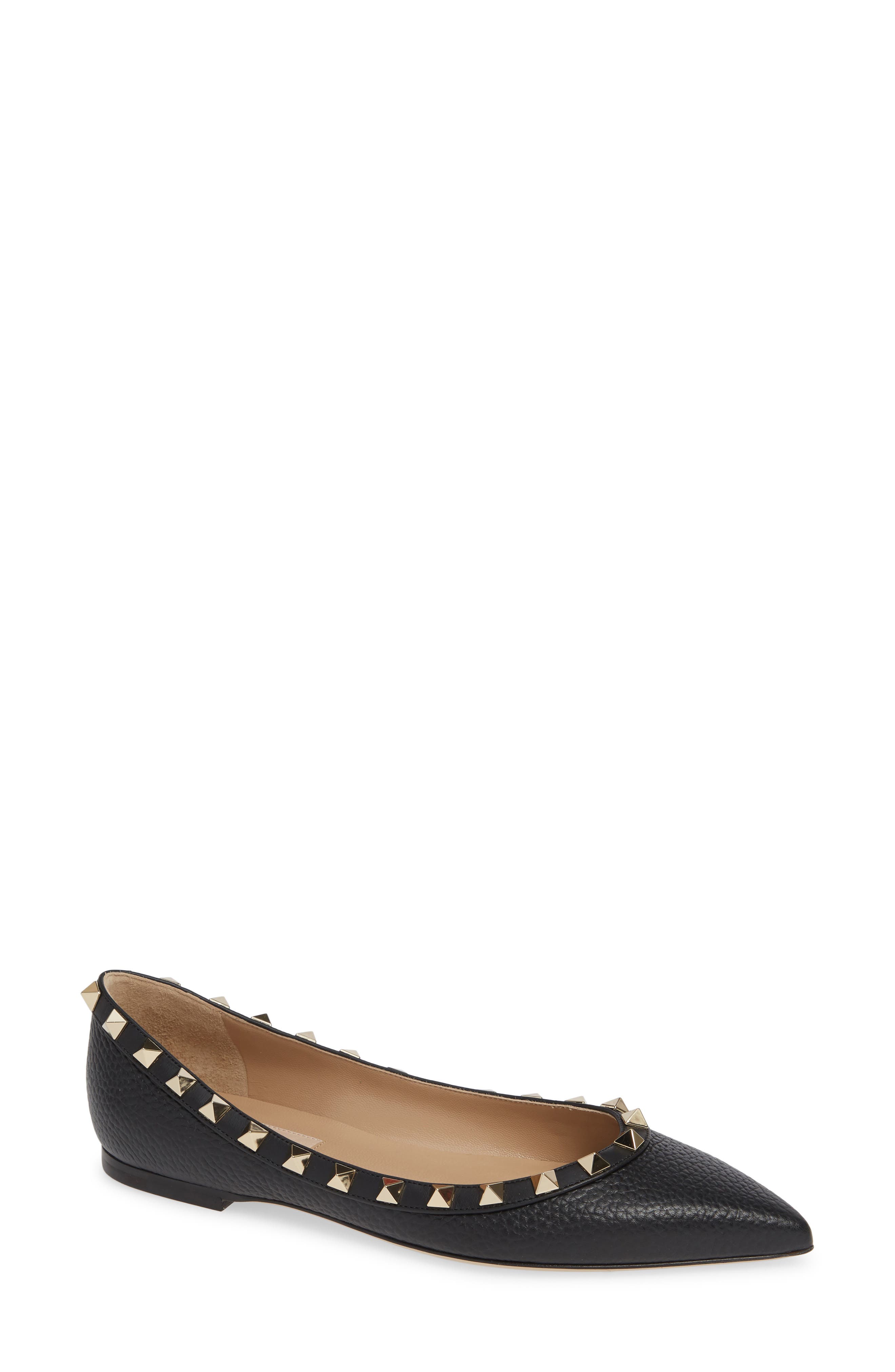 Rockstud Pointy Toe Flat, Main, color, BLACK/ BLACK